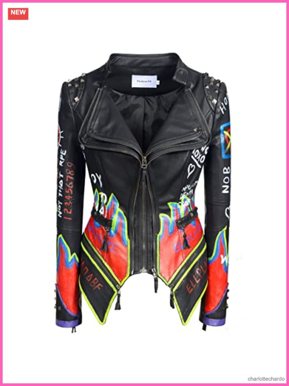 Women's Floral Embroidered Faux Leather Moto Jacket Short Punk Rivet Coat